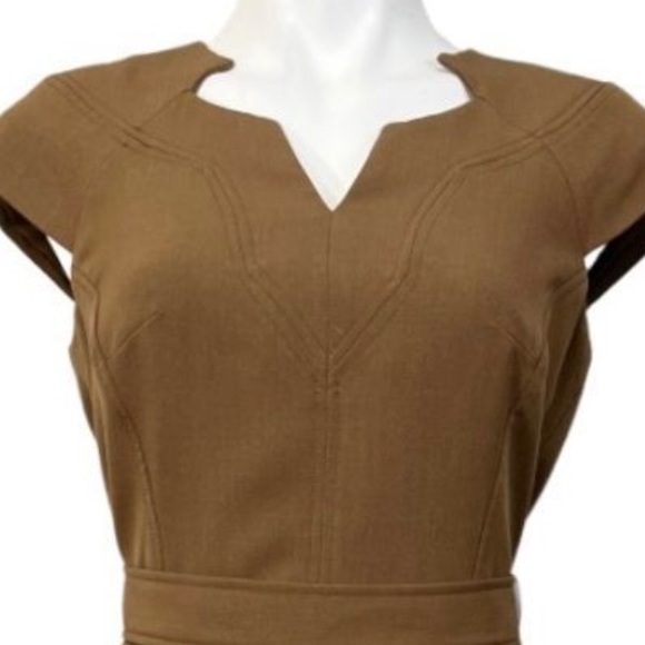 Kasper Brown Self Tie Belt Seamed Notched Neckline Sheath Dress - Picture 5 of 8